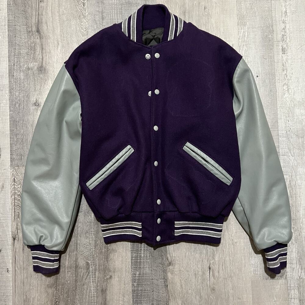 VTG Varsity Letterman Athletics Bomber Jacket 90s Purple Grey USA Size Medium